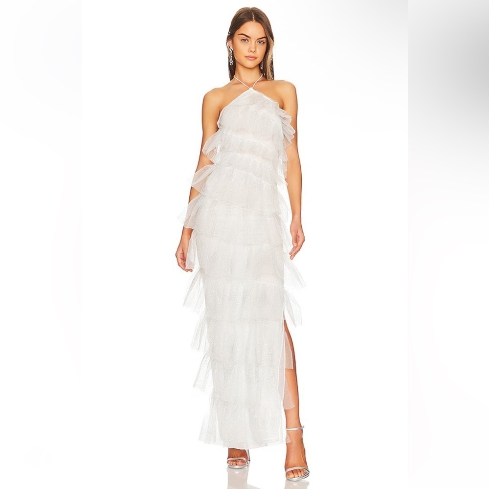The Bar Henri Gown Blanc White tulle gown glitter Dress halter maxi Revolve 2